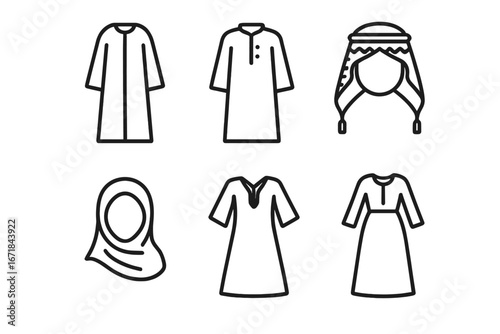 Middle Eastern traditional dress icon set. Arabic and Islamic clothing symbols. Vector outline illustration of abaya, thawb, keffiyeh, hijab, kaftan, and jalabiya fashion.