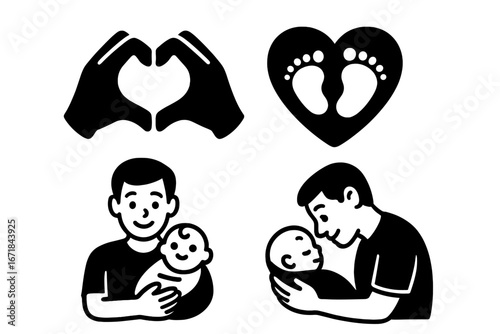 Father's Day love icons set. Father and baby, dad care for newborn. Man holding infant. Heart hands, baby footprints symbol. Paternal affection. Vector glyph collection.