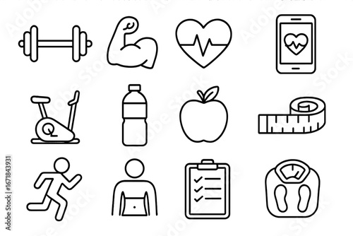 Fitness and health line icon set. Exercise, wellness, gym outline icons. Vector collection for workout, diet, cardio, and nutrition. Healthy lifestyle & weight loss symbols.