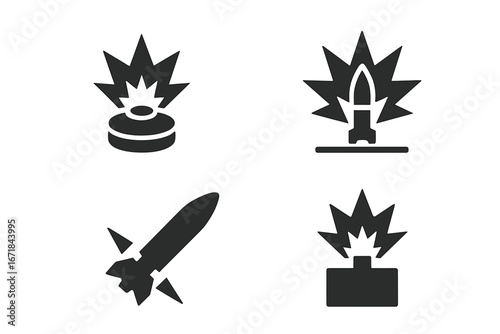 Military explosive solid icons set. Bomb, landmine, missile strike, and artillery shell detonation glyphs. War weapon, danger symbol and army pictogram vector illustration.