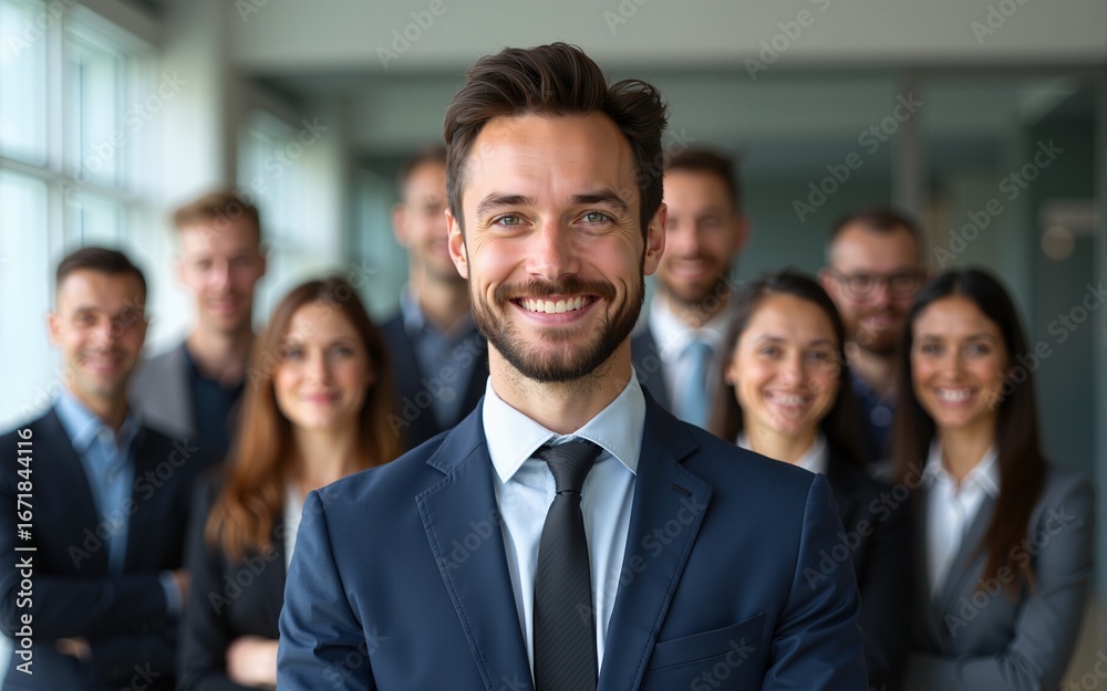 Confident businessman with a winning smile stands in front of his diverse team in professional attire. High quality Confident businessman with a winning smile stands in front of his diverse team in professional attire. High quality