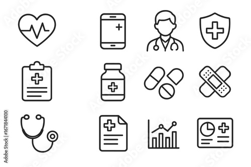Health and medical outline icon set. Healthcare, telemedicine, reports, and dashboard icons. Vector symbols for doctor, pharmacy, insurance, cardiogram, and online consultation.