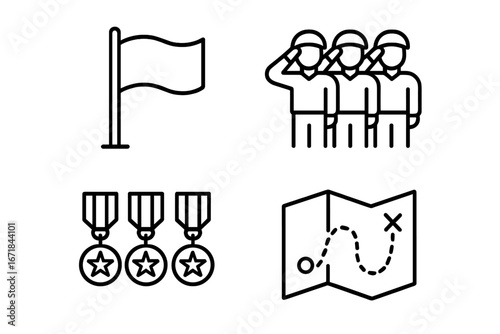 Military icon set vector. Outline symbols of army service and duty. Soldier salute, unit flag, honor medals, and mission strategy map. Patriotism and veteran concepts.