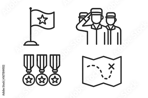 Military icons set. Outline vector symbols of army life. Soldier salute, honor medals, mission map, and unit flag. Concepts of duty, patriotism, veteran, and strategy.