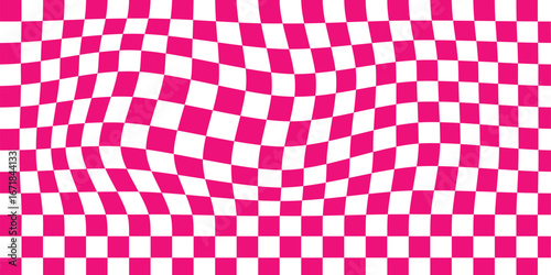 Twisted checkerboard black background. Wavy psychedelic checkerboard. Seamless Repeat Modern Trendy Irregular Warped Wavy Check Checkered Checkerboard. Vector abstract geometric wavy chessboard bg