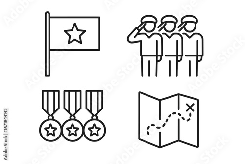 Military icons set. Army concepts vector pack. Soldier salute, unit flag, mission map and honor medals. Thin line symbols for war, veteran day or armed forces celebration.