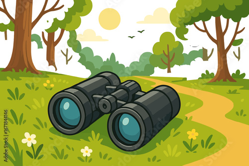Binoculars for nature observation and bird watching on a hiking trail. Outdoor adventure, travel, and exploration concept. Summer landscape with forest, path, and sun. Vector.