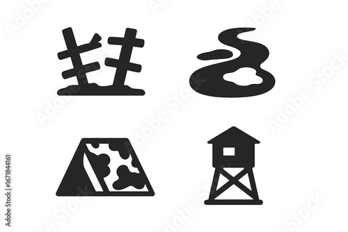 Military icon set. Army landscape solid icons. War battleground elements. Broken fence, muddy trail, camo tent, and lookout tower vector glyphs. Defense symbol collection.