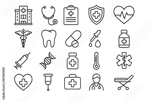 Healthcare medical line icon set. Hospital, wellness, safety icons. Medicine, pharmacy, clinic, emergency, doctor, dentist, DNA, heartbeat symbols. Vector illustration.
