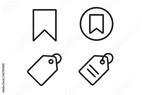 Bookmark and tag line icon set. Minimalist outline symbols for UI and web design. Vector graphic for save, favorite, label, sale, and discount. Clean app button pictogram.