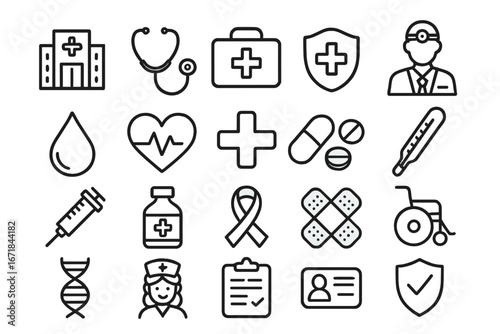 Healthcare medical line icon set. Hospital wellness safety icons. Health care pictogram collection. Doctor, nurse, first aid, pharmacy, clinic, medicine, emergency vector symbols.