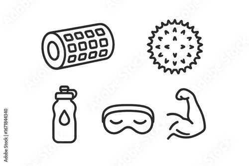 Mindful recovery icon set. Outline symbols for rest, self care, and fitness. Vector graphics of a foam roller, massage ball, water bottle, sleep mask, and muscle.