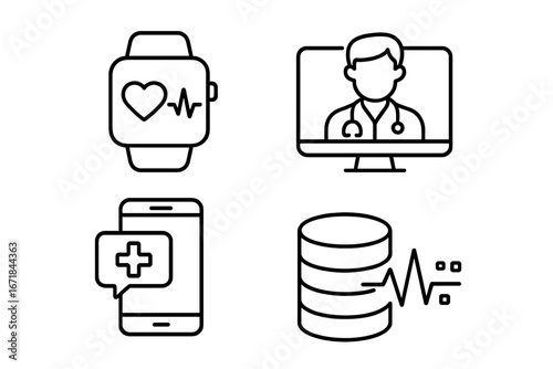 Healthcare technology line icon set for telehealth and mHealth. Vector icons of virtual doctor consultation, wearable tracker, mobile health app, and medical data records.