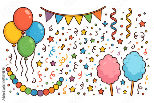 Set of cartoon party elements. Festive collection with balloons, confetti, cotton candy, and garlands for carnival or birthday celebration. Vector decorative fun holiday icons.