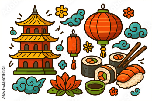 Asian culture elements set. Vector cartoon icons. Japanese food sushi, Chinese pagoda and lantern. Travel to Asia symbol collection. Traditional doodle sticker illustration.
