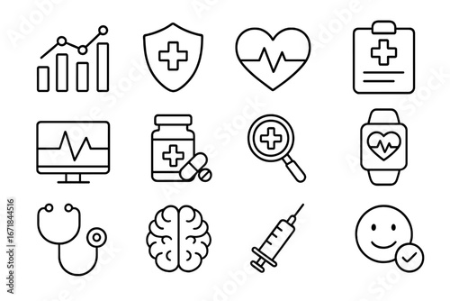 Healthcare and technology line icon set. Medical data, digital wellness and medicine linear icons. Vector illustration for cardiology, mental health, telemedicine and pharmacy.