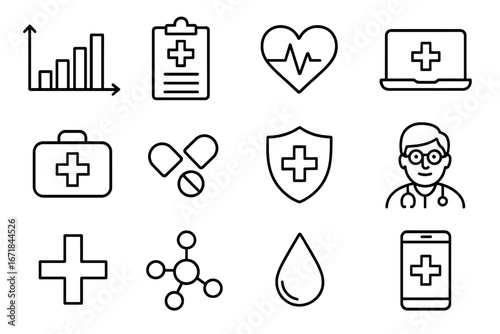 Healthcare and medicine line icon set. Medical technology, telemedicine, and health insurance concepts. Vector symbols for pharmacy, doctor, wellness app, and clinical data.