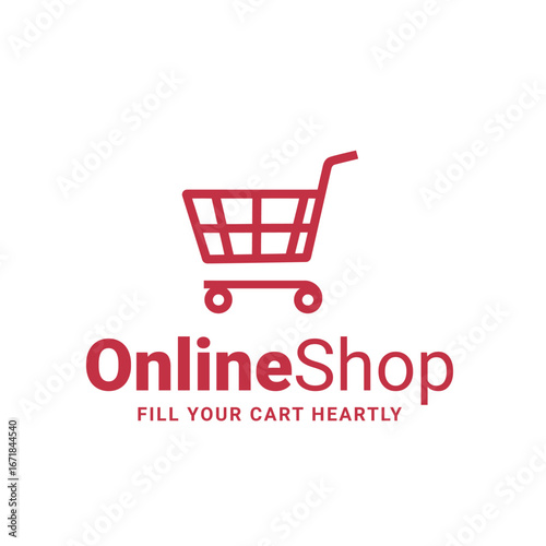 Illustration of a red shopping cart icon above the text onlineshop fill your cart heartily logo design