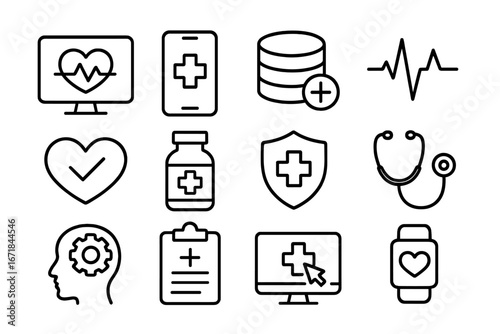 Healthcare and technology line icon set. Medical data, e-health, and wellness concepts. Digital medicine, telemedicine, online doctor, and health monitoring vector symbols.