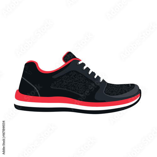 Illustration of a running shoe with black and gray upper red accents and white laces on a white background