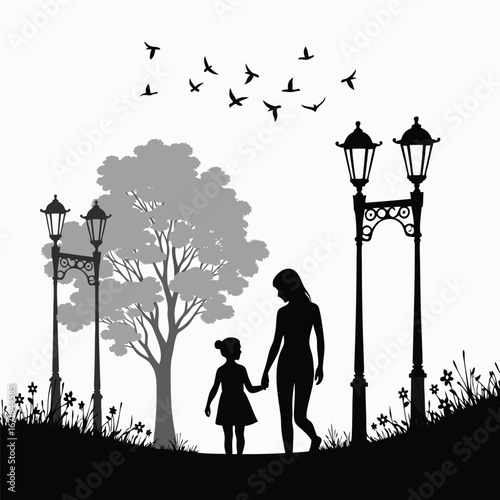 Mother and child walking in park with streetlights and birds 