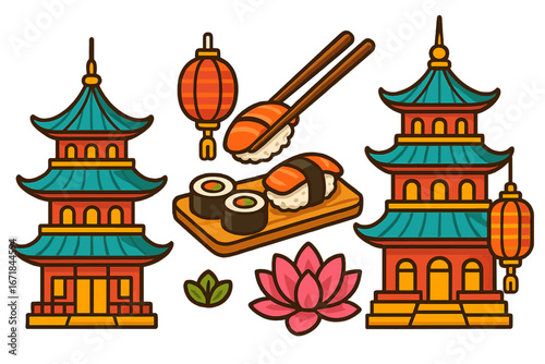 Set of traditional Asian culture icons. Japanese and Chinese elements. Pagoda temple, sushi food with salmon and chopsticks, lantern, lotus. Vector cartoon sticker pack.