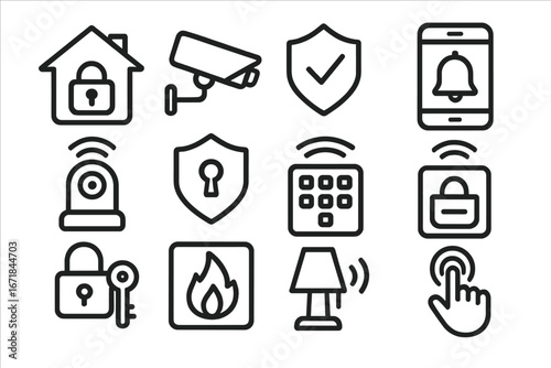 Home security and smart technology outline icon set. Vector symbols for safety, automation, and protection. Smart house concept with CCTV, alarm, lock, and IoT elements.