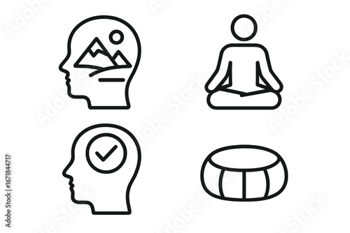 Mindset icon set. Mental health and psychology concept. Meditation, visualization, positive thinking, mindfulness symbols. Outline vector icons for personal development.