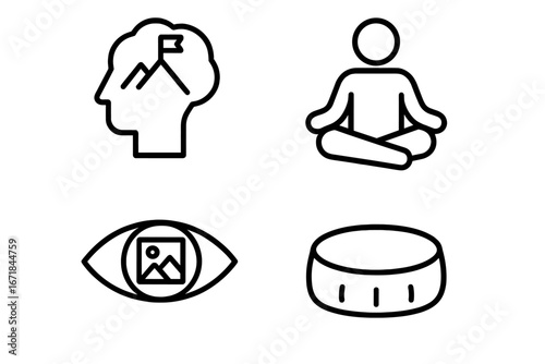 Mindset icon collection. Vector outline icons for mental preparation, goals, and sports psychology. Symbols of visualization, meditation, achievement, and personal growth.