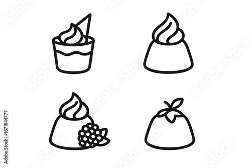 Dessert outline icon set. Mini mousse cakes, panna cotta, and pudding vector illustrations. Patisserie and confectionery graphic symbols for menu, cafe, or bakery design.