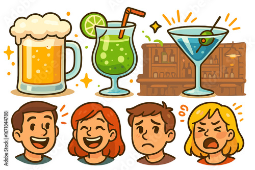 Vector illustration set of bar drinks and character emotions. Cartoon icons of beer, cocktail, martini. Happy, sad, angry face expressions for social concepts. Fun party elements.