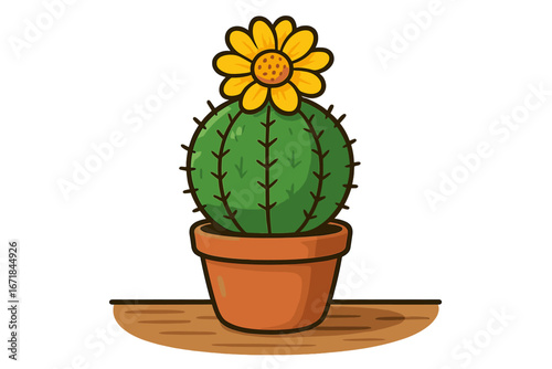 Cute cactus vector with a yellow flower in a pot. Cartoon succulent houseplant for natural home decor. Potted desert plant illustration for indoor gardening or minimalist design.