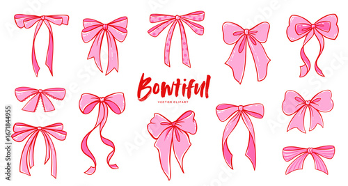 Whimsical pink bow collection with ribbon details and cute coquette style.