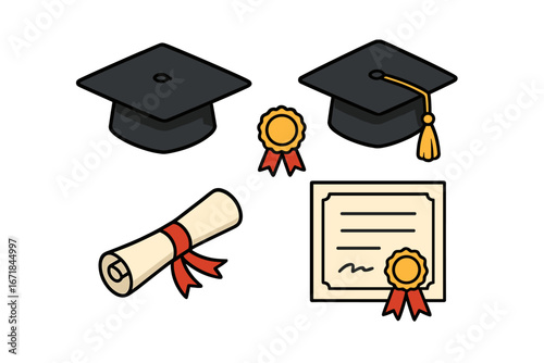 Graduation cap, diploma scroll, and certificate with honor medal. Academic success celebration. University, college, or school ceremony elements. Vector icon set isolated.