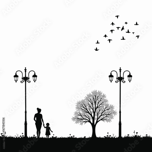 Mother and child walking in park with streetlights and birds
