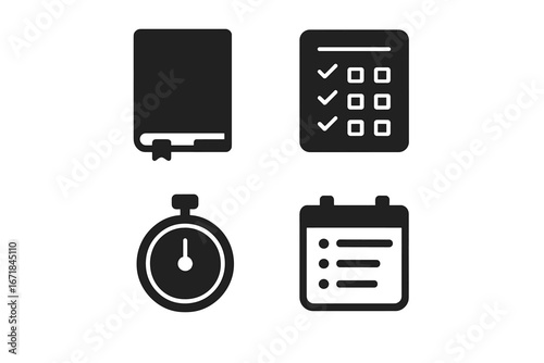 Productivity solid glyph icon set. Time management & organization concept. Vector symbols for work efficiency, planning, goal setting. Journal, habit tracker, focus timer.