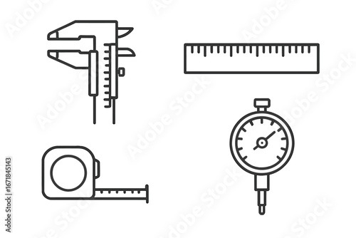 Precise measurement tools linear icon set. Includes calipers, rulers, gauges, and tape measure. Vector illustration for engineering, manufacturing, and technical drawing.