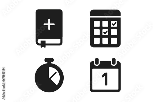Productivity icons set. Minimal solid glyph pictograms for business and workflow. Vector symbols of journal, habit tracker, focus timer, and daily calendar for web and app.