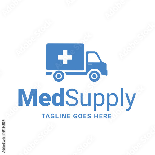 Blue medical supply truck with a plus sign and the text medsupply and tagline goes here below it