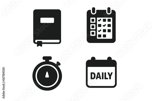 Productivity icon set. Time management, planning, and organization symbols. Minimalist glyph collection with journal, habit tracker, focus timer, and daily schedule vector icons.