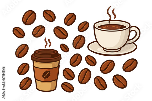 Coffee cup and beans vector set. Cartoon illustration of hot espresso, latte in mug and paper cup to go. Aroma roasted grain icon for cafe menu, drink logo, or sticker.