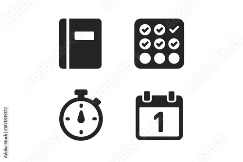Productivity icon set. Minimal solid glyph icons for time management, organization, and efficiency. Includes journal, habit tracker, checklist, focus timer, and daily calendar.