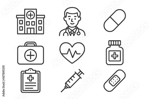 Healthcare and medicine line icons. Vector set for medical services, hospital, clinic, pharmacy. Features doctor, syringe, pill, plaster, EKG heartbeat. Health care graphic.
