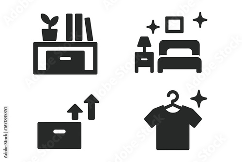 Minimalist lifestyle solid glyph icons set. Home organization, decluttering, simple living concepts. Tidy room, clean clothes, organized shelf, and packing box vector pictograms.