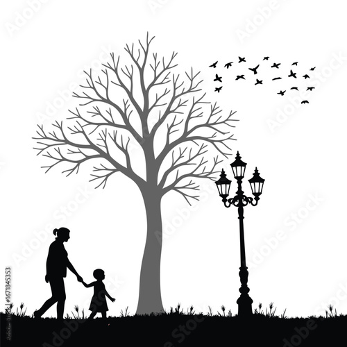 Mother and child walking under bare tree with street lamp and flock of birds