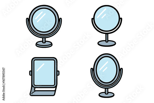 Mirror icon set for cosmetics and makeup. Vector collection of table mirrors for beauty and vanity. Reflection symbols for skincare and salon. Flat cartoon illustration graphic elements.