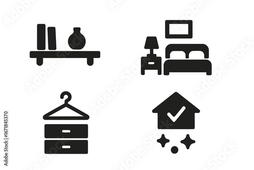 Minimalist lifestyle icon set. Concepts of decluttering, simple living, and home organization. Tidy room, clean house, and organized closet glyphs. Vector symbols.