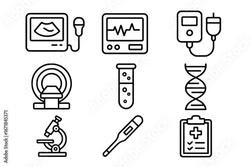 Medical technology line icon set. Healthcare devices for analysis, lab, and diagnostics. Vector outline icons like ultrasound, MRI, ECG, DNA, microscope, and thermometer.