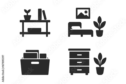 Minimalist lifestyle icon set for decluttering and home organization. Simple living concept with furniture pictograms. Shelf, bed, storage box vector glyph illustrations.
