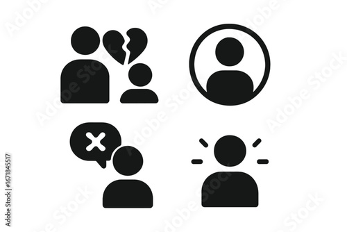 Misinformation impact icon set. Consequences of fake news and propaganda. Broken trust, relationship conflict, social isolation, anxiety, stress. Solid glyph vector illustration.